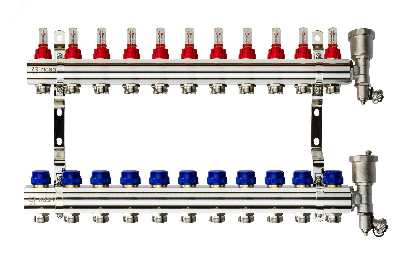 Коллекторная группа FHF-11RF set 11 контуров 1' х 3/4' с расходомерами, воздухоотводчиками и кронштейнами