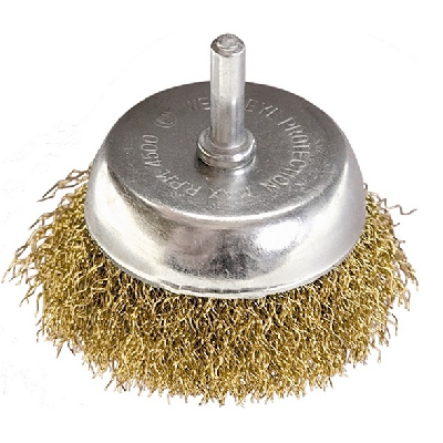 Щетка для дрели, 50 мм, чашка со шпилькой, латунированная витая проволока