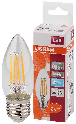 Лампа светодиодная LED 5Вт E27 CLB60 белый, Filament прозр.свеча OSRAM