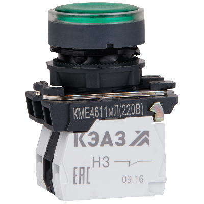Кнопка КМЕ4611мЛ-24В-зеленый-1но+1нз-цилиндр-индикатор-IP65-