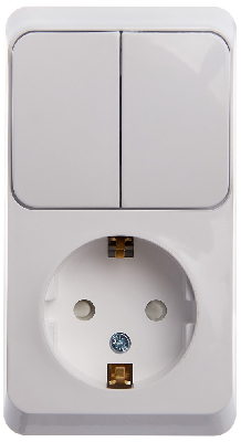 ЭТЮД Блок открытой установки Розетка с зеземлением со шторками + Выключатель двухклавишный белый