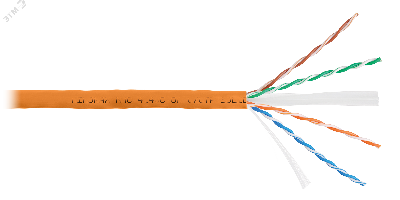 Кабель U/UTP 4 пары, Кат.6 (Класс E), тест по ISO/IEC, 250МГц, одножильный, BC (чистая медь), 23AWG (0,55мм), полимерный материал нг(А)-HF, внутренний, оранжевый, 305м