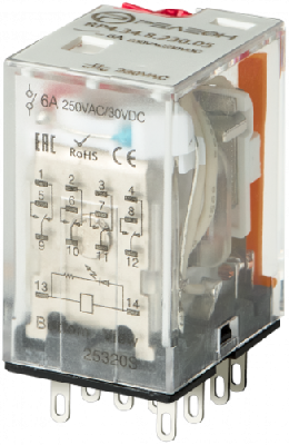 Реле промежуточное, 4 перекидных контакта 6А 230В AC блокируемая кнопка проверки, светодиод