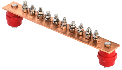 Шина заземляющая главная ГЗШ 300х40х4мм на 10 подключений, медь