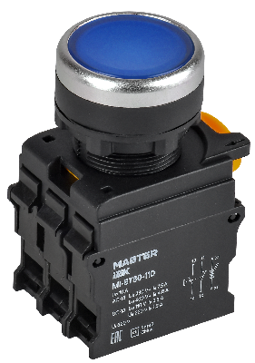 Кнопка с подсветкой d=22мм 1NO+1NC синяя MASTER