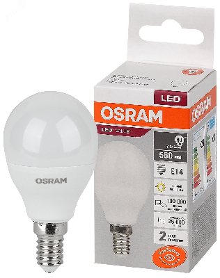 Лампа светодиодная LED 7 Вт E14 3000К 560Лм шарик 220 В (замена 60Вт) OSRAM