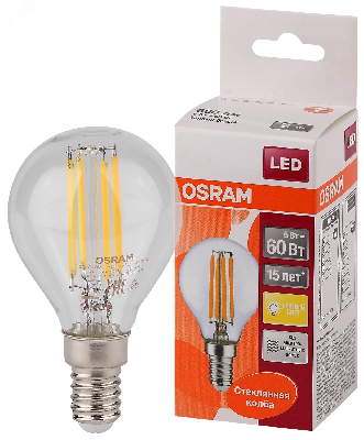 Лампа светодиодная LED 5Вт E14 CLP60 тепло-бел, Filament прозр.шар OSRAM