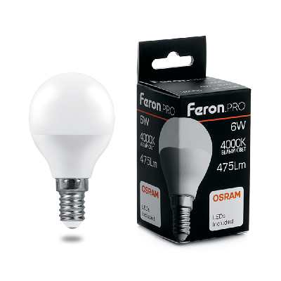 Лампа светодиодная LED 6вт Е14 белый матовый шар Feron.PRO