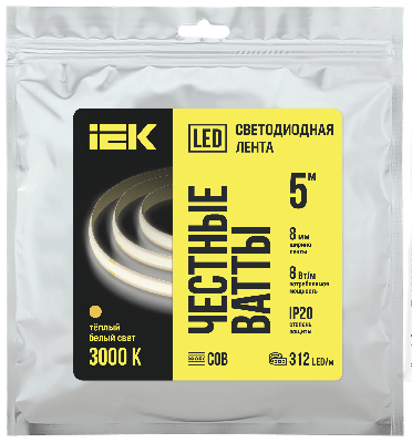 Лента LED 5 м COB-312LED 8 Вт/м IP20 8 мм 24 В 3000К